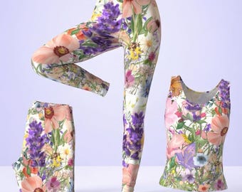 Leggings and Tank Top Set Women's Floral Wildflowers Designer Fashion Flower Artwork Design