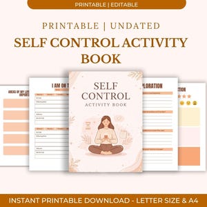 Pode incluir: Um livro de atividades de autocontrole imprimível e editável com páginas sem data. A capa apresenta uma mulher meditando. O livro inclui páginas para autorreflexão e definição de metas. Disponível nos tamanhos Carta e A4.