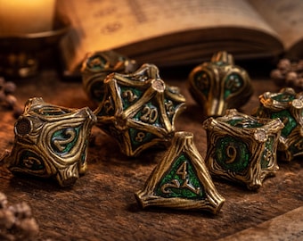 Juego de dados de metal verde y bronce para D&D / Caja de dados de madera grabada a medida opcional / Dados poliédricos ornamentados para TTRPG, Pathfinder, regalo para DM