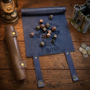 DND Dice Scroll & Faux Leather Rolling Mat | Zippered TTRPG Dice Storage Pouch | Tabletop RPG Game Master Gift | Fantasy Cosplay Prop