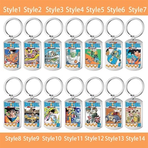 Puede incluir: Una colección de catorce llaveros de metal plateado con forma de placa de identificación, cada uno con una ilustración gráfica única de Dragon Ball Z, una anilla circular y una etiqueta numerada del 1 al 14 con el logotipo de Dragon Ball Z.