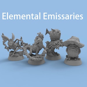 May include: Four gray fantasy figurines on a blue background. The figurines include a rabbit-like creature, a lizard-like creature, a fish-like creature, and a mushroom-like creature. The text "Elemental Emissaries" is at the top of the image.