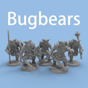 May include: A collection of grey Bugbear miniatures, each posed with weapons and shields. The miniatures are on round bases, with the word "Bugbears" in white text above them against a light blue backdrop.