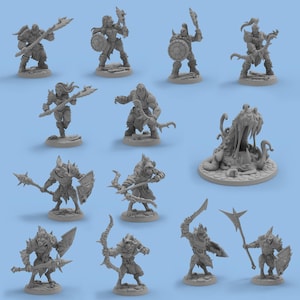 Puede incluir: Una colección de figuras de fantasía en miniatura grises, que incluyen guerreros con hachas, escudos y arcos. Algunas figuras están de pie sobre pequeñas plataformas. Las figuras están en varias poses de acción.