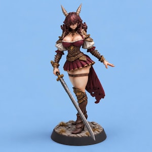 12K 3D Printed Resin Girl Figures Horned Sword Maiden Minis Female Unpainted Models 75mm & 120mm Height