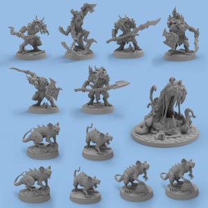 Puede incluir: Colección de figuras de fantasía en miniatura grises, que incluyen guerreros con armas y escudos, y criaturas parecidas a ratas. Las figuras están sobre bases circulares, adecuadas para juegos de mesa.