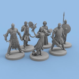May include: A set of grey miniature figurines of characters in different poses. One figure holds a sword, another a spear and shield, and others hold objects resembling a fan and a dragon. The figures stand on circular bases.