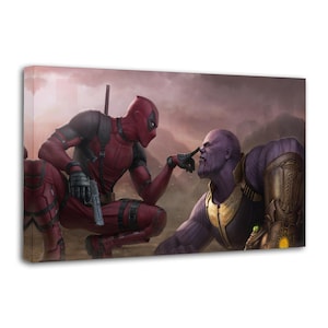 May include: Canvas art print featuring Deadpool and Thanos in a humorous confrontation. Deadpool, in his signature red and black suit, points at Thanos's nose. Thanos, with purple skin and gold armor, looks on. The background is a cloudy, reddish-brown.