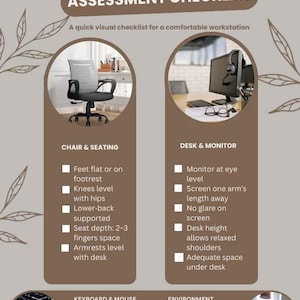 Pode incluir: Uma lista de verificação de avaliação ergonómica para uma estação de trabalho de escritório em casa confortável. A lista de verificação inclui considerações sobre cadeira e assento, secretária e monitor, teclado e rato e ambiente.