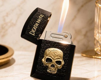 Accendino con teschio nero, accendino ricaricabile con teschio gotico dorato, accendino a butano pronto all'uso, regalo per lui, accendino in metallo unico, regalo per motociclisti