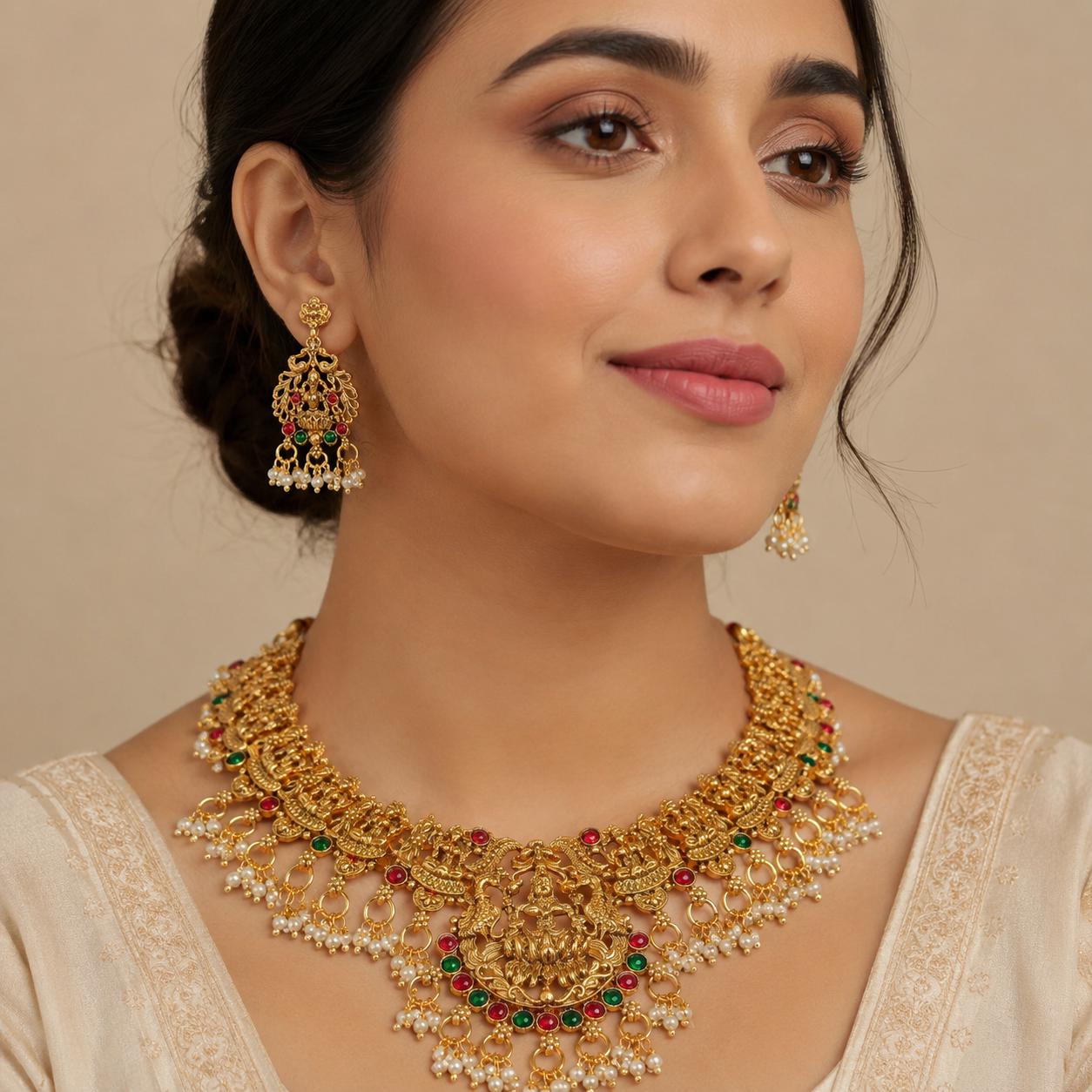 South Indian Temple Jewelry Set Lakshmi Necklace with Earrings Gold Plated Bridal Wedding Jewelry