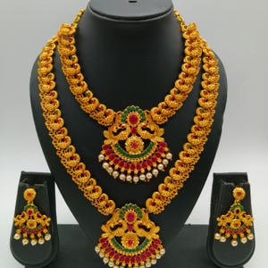 South Indian Temple Jewelry Set | Ruby Emerald Long Haram Necklace | Bridal Wedding Jewelry with Jhumka Earrings | Indian Bridal Jewelry