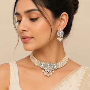 Conjunto de gargantilla y pendientes de perlas Kundan de varias capas / Collar de novia Polki con acabado dorado