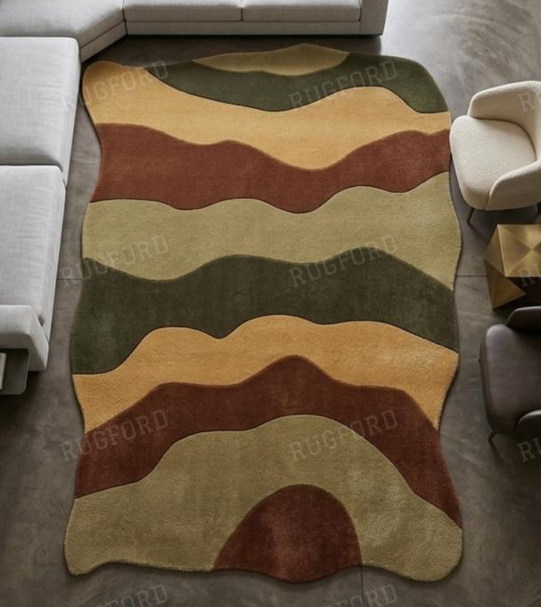 Modern Earth Tone Wave Area Wool Rug, Hand Tufted Abstract Organic ...