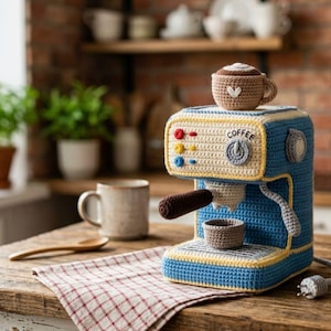May include: A handmade crochet coffee machine in blue, yellow, and beige. The machine has a brown handle and a small cup. A matching crochet cup sits on top. The word "Coffee" is visible on the front.