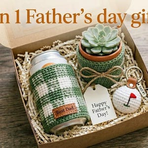 Può includere: Un set regalo 3 in 1 in una scatola di cartone contenente un coprilattina all'uncinetto a quadri verdi e bianchi con etichetta Best Dad, una succulenta in un coprivaso all'uncinetto verde e un portachiavi a pallina da golf all'uncinetto.