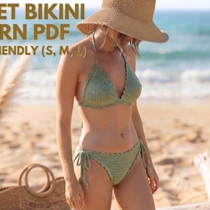 May include: A sage green crochet bikini set featuring a triangle top and side-tie bottoms. The text CROCHET BIKINI PATTERN PDF BEGINNER-FRIENDLY (S, M, L) is displayed in the upper left corner. The bikini is worn with a wide-brimmed straw hat.