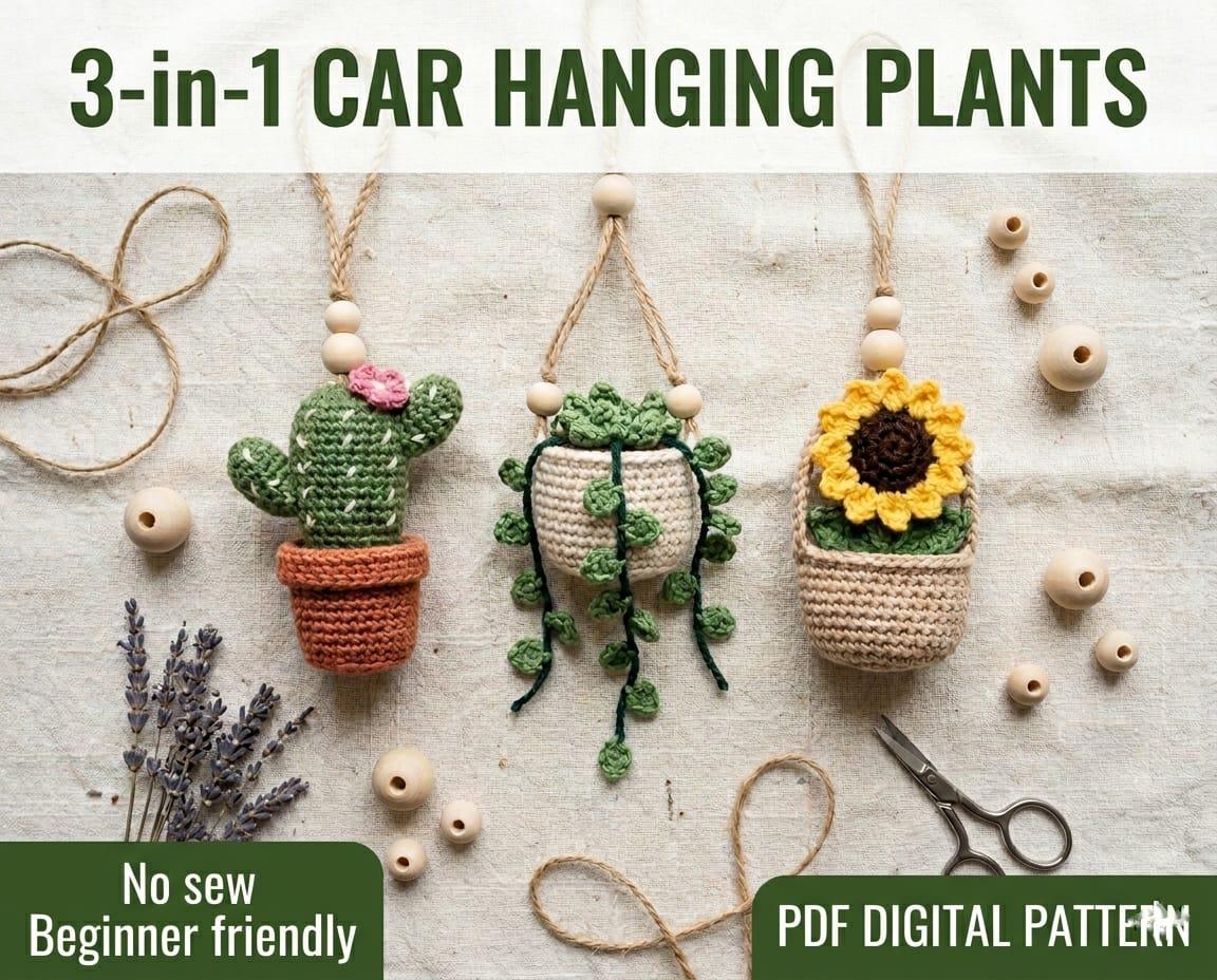 30 String of Pearls Crochet Patterns for Hanging Plants, Mini Pots, and Car Charms 24 3-in-1 Car Hanging Plant Crochet Pattern Bundle