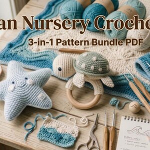 May include: Ocean Nursery Crochet Pack 3-in-1 Pattern Bundle PDF featuring a light blue crocheted starfish, a sea turtle rattle with a wooden ring, blue and cream yarn skeins, crochet hooks, scissors, and notebooks with wave illustrations.