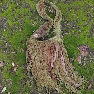 May include: A textured, moss-green shoulder bag featuring a long, fringed body made of shaggy, yarn-like fibers. The bag includes a matching green strap and incorporates subtle accents of reddish-brown and muted pink strands throughout.