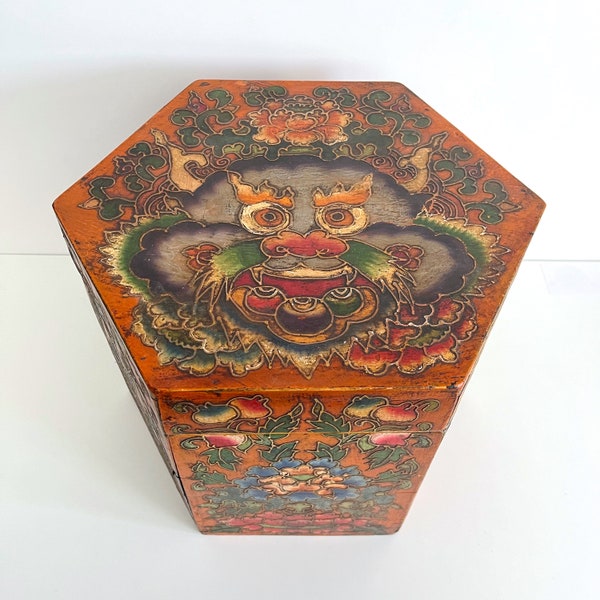 Antique Asian Wooden Storage Box with Dragon Floral Motif Hexagon Rice Box Sewing Box