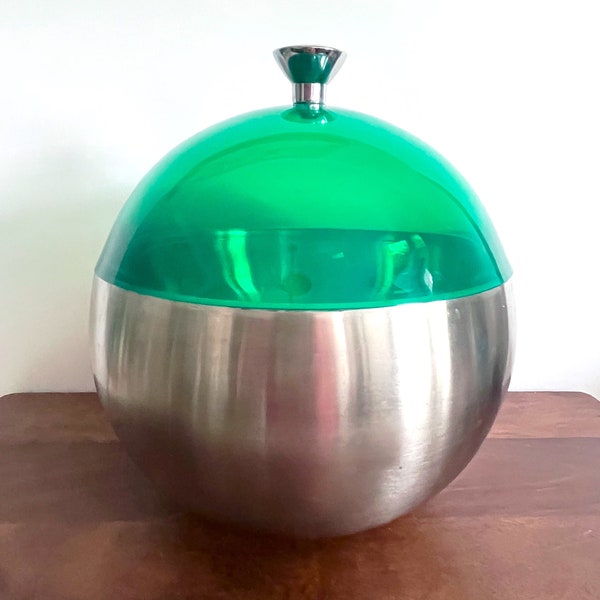 Modern Space Age Sphere Stainless Steel Ice Bucket with Green Dome Lid