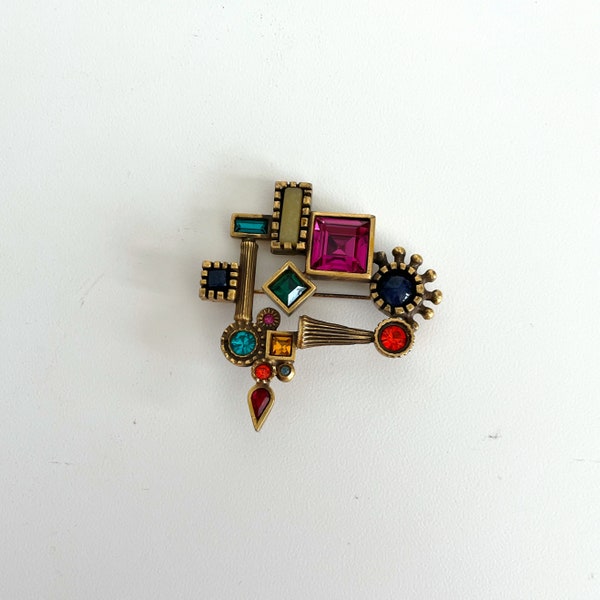 Patricia Locke Art Deco Multi Color Swarovski Crystals Brooch