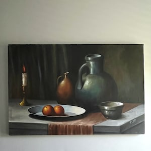 Vintage Still Life Oil Painting on Canvas with Pottery Jug and Fruit in Plate