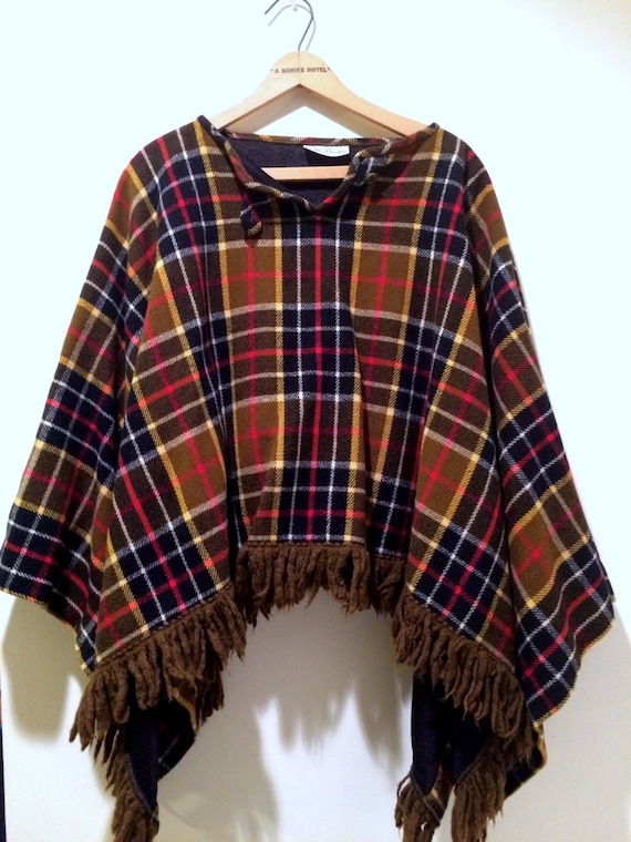 Plaid Cape Poncho with Fringe