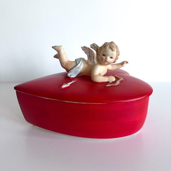 Lefton Cupid Candy Dish with Lid Red Heart Trinket