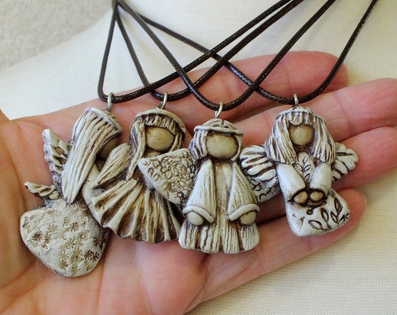 Wee Little Guardian Angels with Wings Pendant Necklace, Valentine's Day, Christmas, Gift for Her, Clay Angel Pendant Necklace