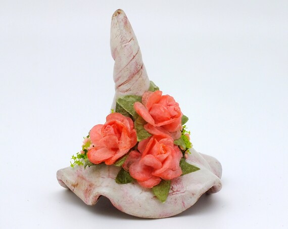 Whimsical Witch Hat Pastel Pink Flowers OOAK Clay Sculpture, Witch's Desk Buddy, Witchy Gift Decor