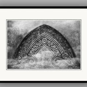 Black and White Victorian Cemetery Headstone, Surreal Spooky Foggy Mortuary Art, Gothic Romance Fine Art Print or Gallery Wrap Canvas image 1