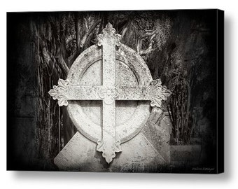 Old Gothic Cemetery Cross Fleur de Lis Headstone Gravesite Mortuary Art Print or Canvas