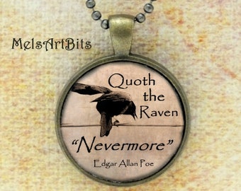 Quoth the Raven Nevermore Edgar Allan Poe Quote Poem Literary Bibliophile Typography Sepia Color Gothic Crow Raven Art Pendant Necklace