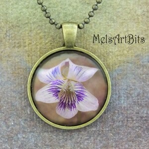 Wild Violet Photo Pendant Necklace - Purple Lavender White - Floral Nature Botanical Wildflower Jewelry