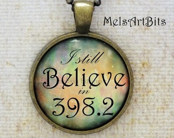 I Still Believe in 398.2, Fairy Tales and Folklore Library, Dewey Decimal Number, Antique Gold Whimsical Pendant Necklace