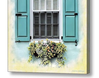 Springtime Charleston SC Windows Shutters Flowers,Aqua Yellow White Architecture Cottage Chic Fine Art Photography