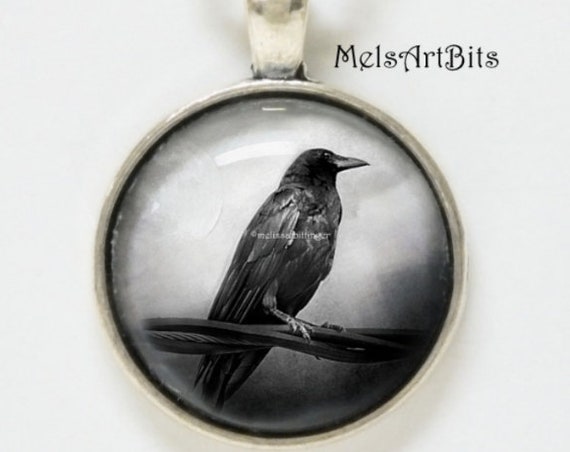 Raven Crow Black Bird Pendant Necklace/ Spooky Goth Jewelry/ Black White Silver / Protection Talisman, Goth Pendant Charm Necklace