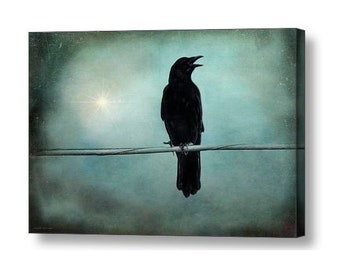 Surreal Gothic Raven Crow Art, Teal Sky Raven Black Bird Magic In The Air Print or Gallery Wrap Canvas