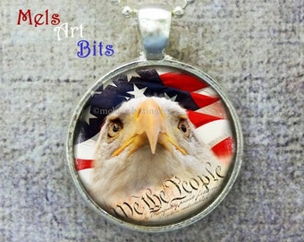 American Flag Eagle Photo Pendant Necklace or Keychain, Military Patriotic Stars and Stripes, We the People Constitution, Red White Blue