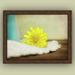 Rustic Cottage Chic Still Life Yellow Dandelion Flower Weed Yellow Blue White Brown Giclee Fine Art Print or Canvas Wall Art image 2