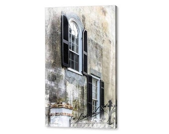 Charleston SC Architecture, Rustic Stone Wall Windows with Black Shutters, Wrought Iron Gate, Fine Art Photography Print or Canvas Giclee