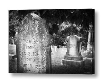 Spooky Gothic Cemetery Headstones Wall Art, Cemetery Black and White Photo Photography Print or Canvas