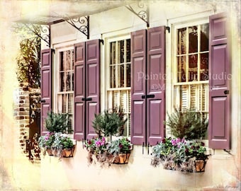 Charleston South Carolina Windows Shutters Architecture Flowers, Pink Lavender Cream Green, Travel Photography Print or Canvas Art