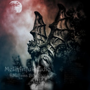 Goth Spooky Dark Blood Moon Gargoyle Guardian Statue, Goth Lover Wall Art, Macabre, Haunted, Halloween Fine Art Print or Gallery Wrap Canvas image 1