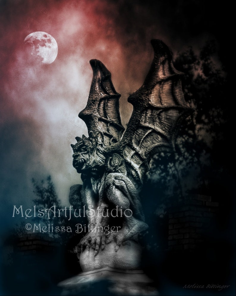 Goth Spooky Dark Blood Moon Gargoyle Guardian Statue, Goth Lover Wall Art, Macabre, Haunted, Halloween Fine Art Print or Gallery Wrap Canvas image 1