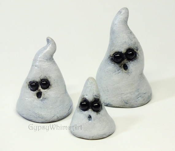 Ghost Halloween Décor, Trio of Hand Sculpted Clay Miniature Ghost Figurines, Spooky Cute Little Boos, OOAK Ghost Figurine Clay Sculpture