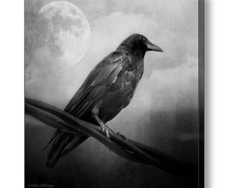 Gothic Black and White Crow Wall Art, Crow Moon Art Print, Gothic Crow Art Canvas, Black and White Crow Wall Art