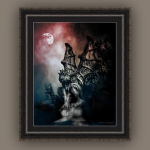 Goth Spooky Dark Blood Moon Gargoyle Guardian Statue, Goth Lover Wall Art, Macabre, Haunted, Halloween Fine Art Print or Gallery Wrap Canvas image 5